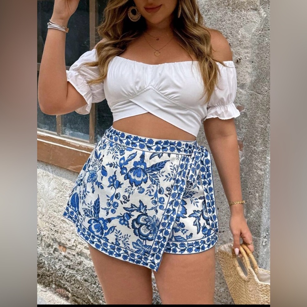 Floral Blue and White Skort Shorts